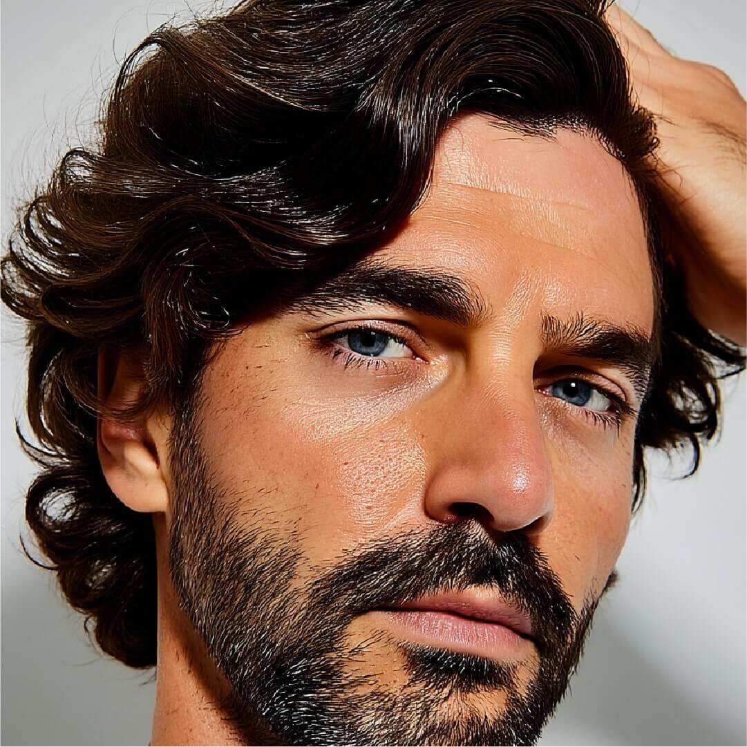 Portrait of a man with thick, dark wavy hair and a beard