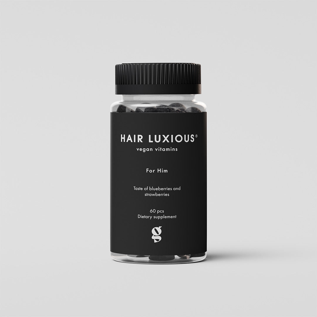 Hair Luxious For Him Gummies, blueberry and strawberry hair gummies for men