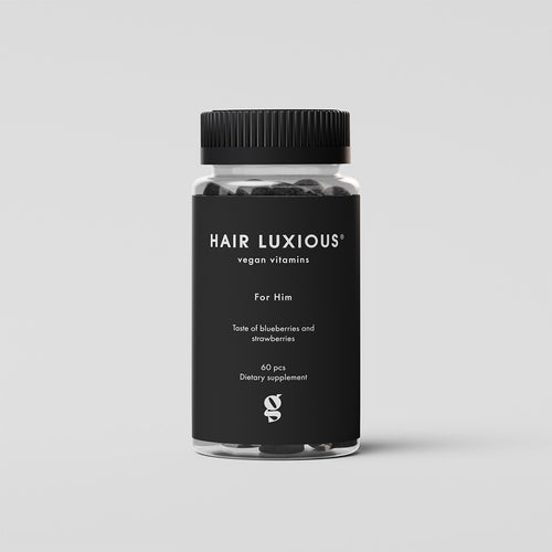 Hair Luxious For Him Gummies, blueberry and strawberry hair gummies for men