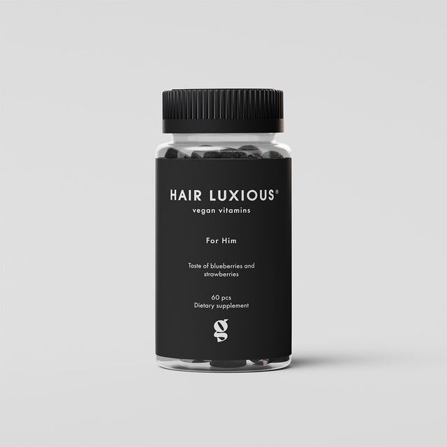Hair Luxious For Him Gummies, blueberry and strawberry hair gummies for men