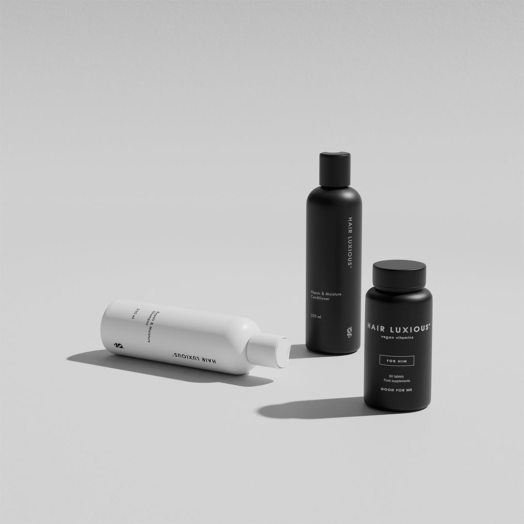 Hair Luxious Repair & Moisture Set for Him, shampoo, conditioner and hair vitamins