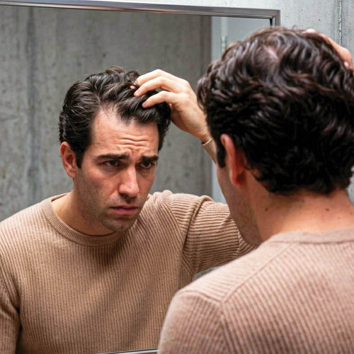 Man looking in a mirror and pushing back the hair at his hairline